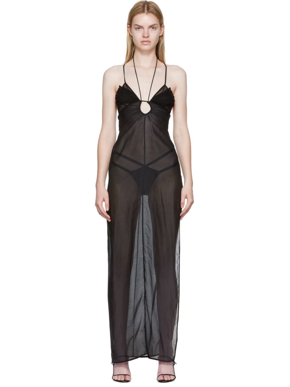 Nensi Dojaka Keyhole Pleated Bra Maxi Dress Black Silk Sm NWT Sheer Long Gown